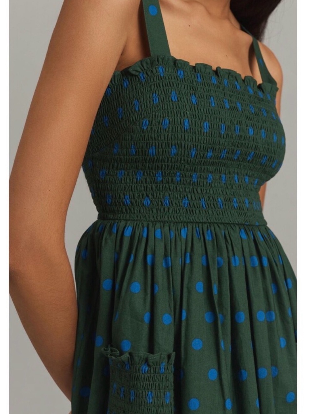 Anthropologie Pinnacle Smocked A-Line Midi Dress - Green with BluePolka Dots - M - Picture 3 of 9